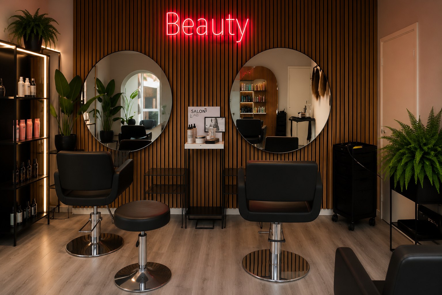 Suprême Haarstudio – Frisierplätze mit Beauty-Leuchtschrift