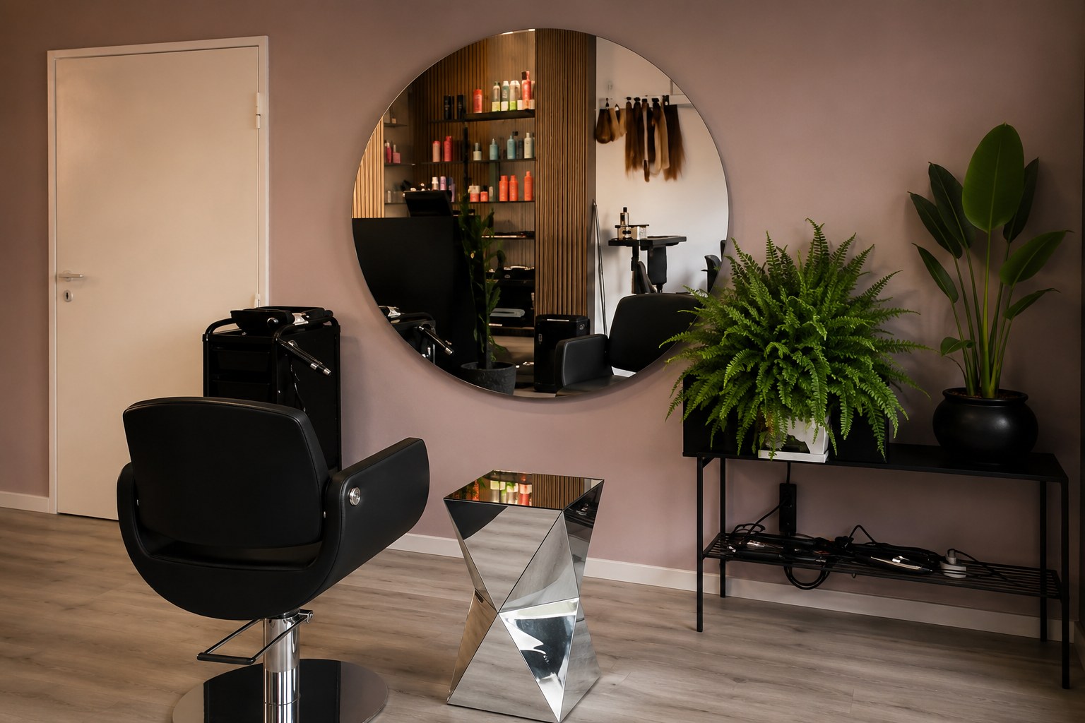 Suprême Haarstudio – Behandlungsplatz mit rundem Spiegel